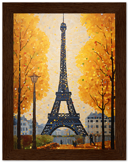 An impressionist-style painting of the Eiffel Tower framed by golden autumn trees.