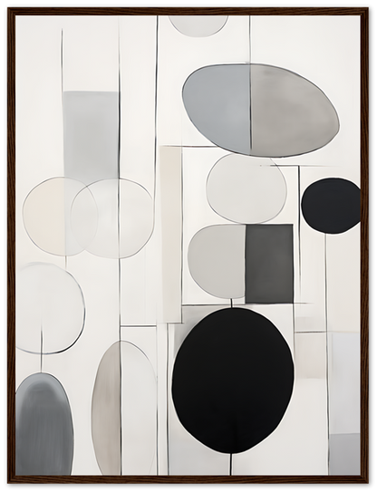 An abstract painting with geometric shapes in a brown frame.