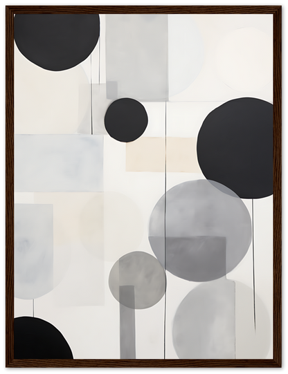 Abstract geometric art with circles in a wooden frame.