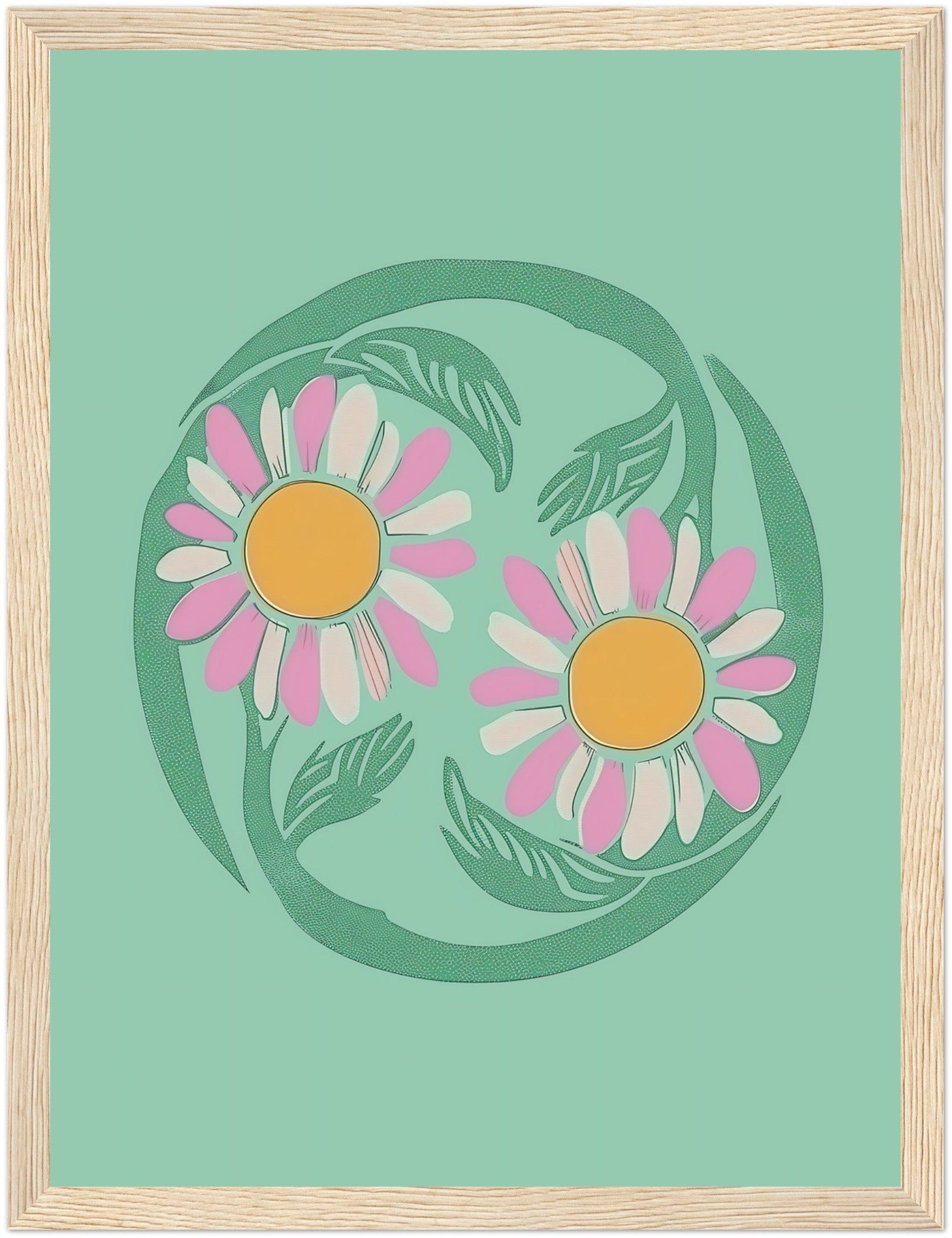 Stylized illustration of two daisies encircled by a green vine on a teal background with a brown frame.