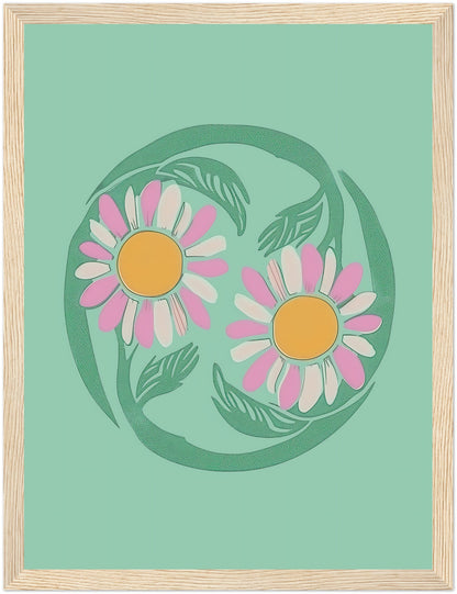 Stylized illustration of two daisies encircled by a green vine on a teal background with a brown frame.