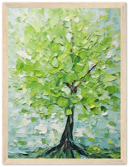 Impressionistic painting of a vibrant green tree with thick brushstrokes, framed on a wall.