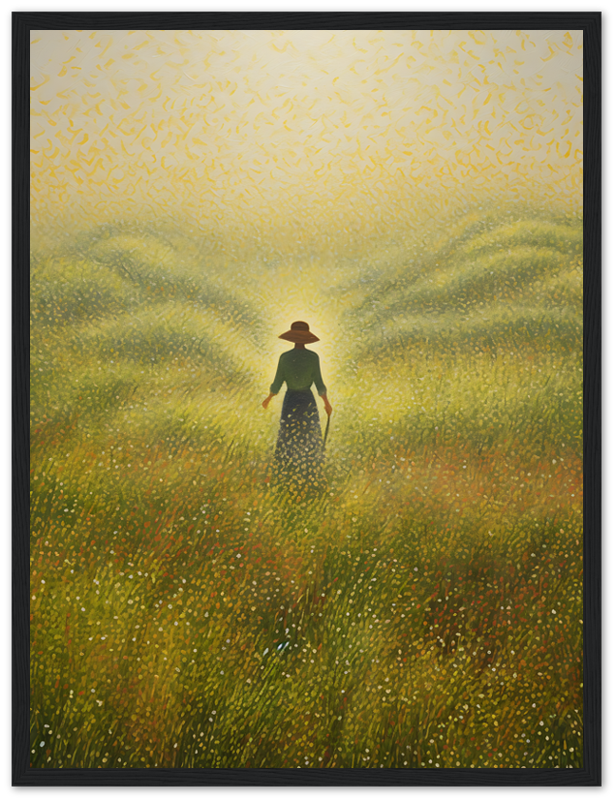 Painting of a person in a hat walking through a sunlit golden wheat field.