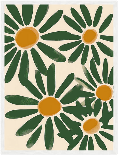 A framed art piece featuring stylized green and yellow daisies on a cream background.