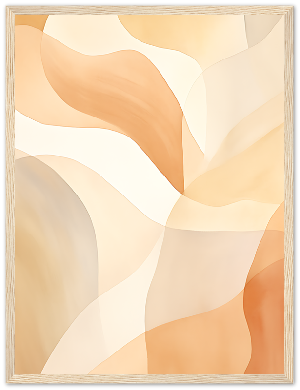 Abstract art with smooth curves in warm beige and orange tones with a wooden frame.