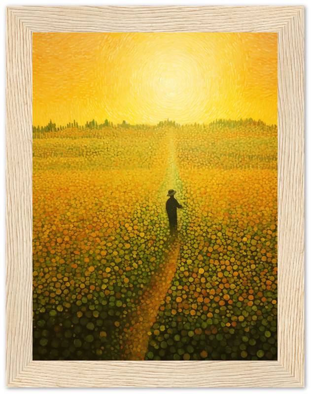 A painting of a person standing in a vibrant field of flowers with a swirling yellow sky.