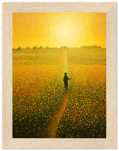 A painting of a person standing in a vibrant field of flowers with a swirling yellow sky.