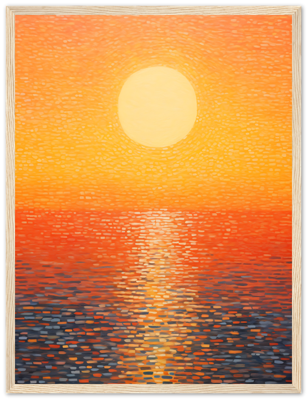 A framed painting of a sunset with a large sun over a body of water, in warm colors.