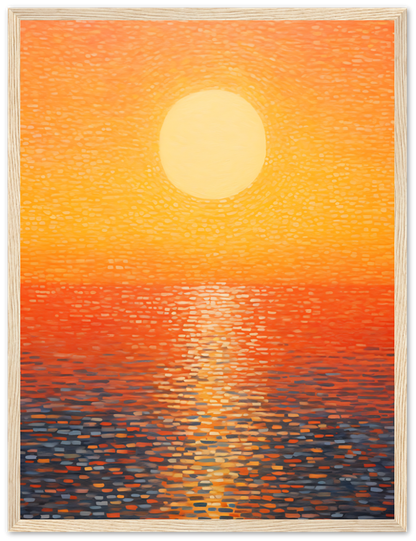 A framed painting of a sunset with a large sun over a body of water, in warm colors.