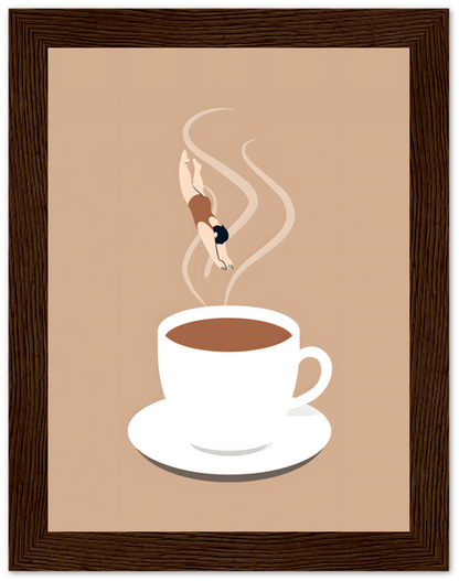 Illustration of a miniature person diving into a large cup of coffee, framed as artwork.