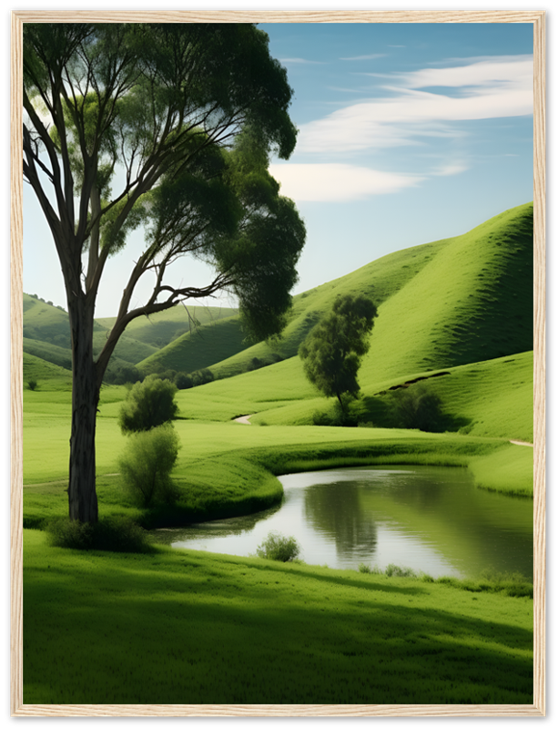 A serene landscape with a tree beside a winding river through green hills.