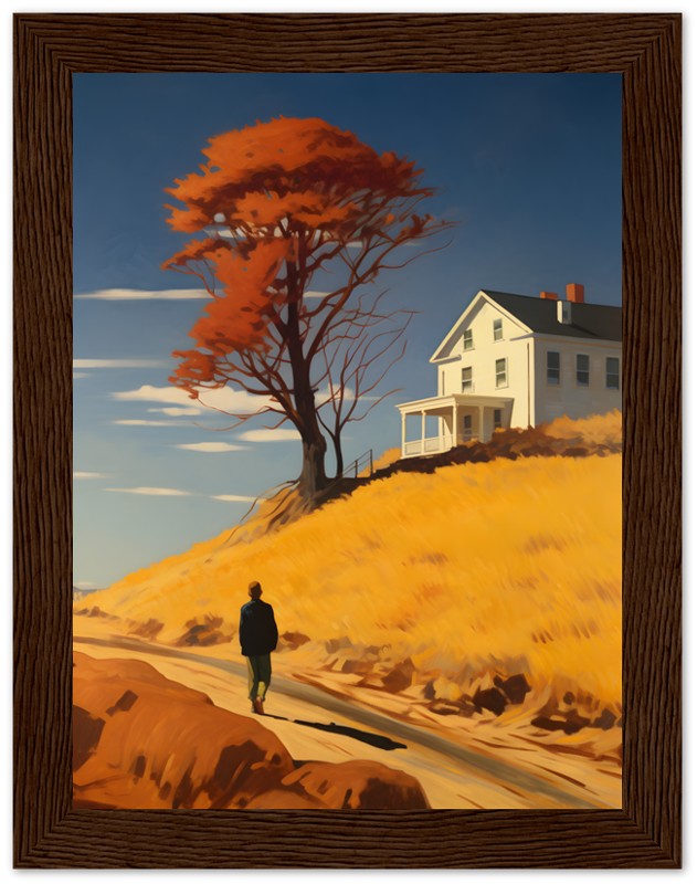 Painting of a person walking towards a house with a large orange tree on a hill.