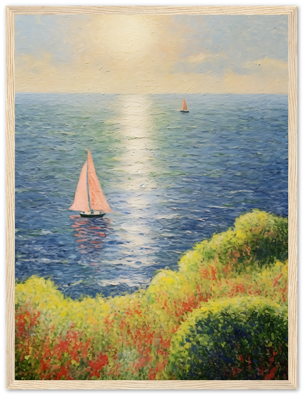 Painting of sailboats on a calm sea with sunlight reflecting on water, framed by a wooden frame.