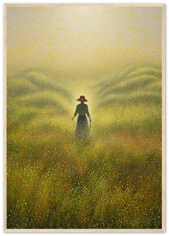 A painting of a person in a hat standing in a field of tall grass with a warm, glowing atmosphere.