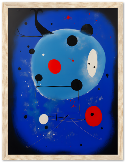 Abstract painting of a whimsical blue face with red and white accents, framed in wood.
