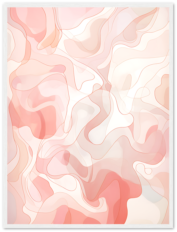 Abstract art with wavy red and peach lines on a light background.