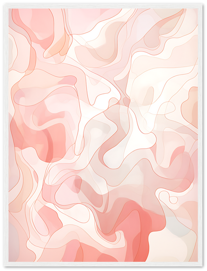 Abstract art with wavy red and peach lines on a light background.