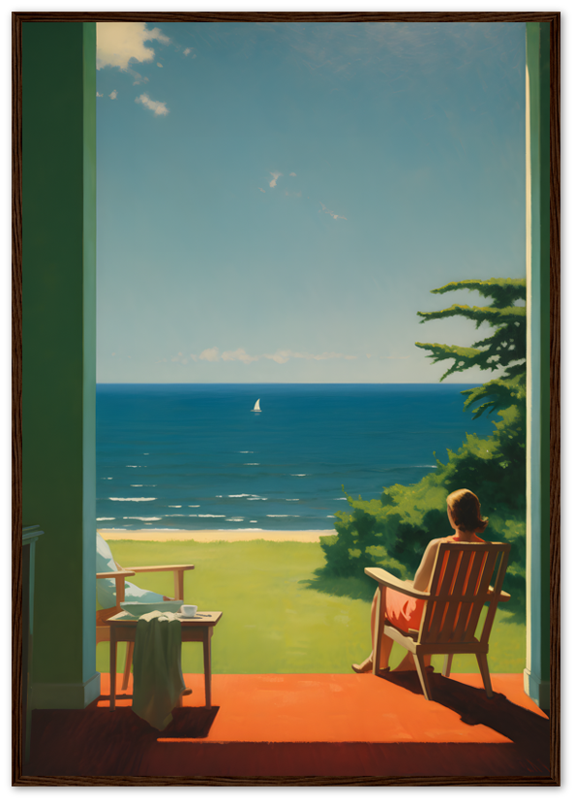 Alt text: A painting of a person sitting on a porch looking at the sea with a sailboat in the distance.