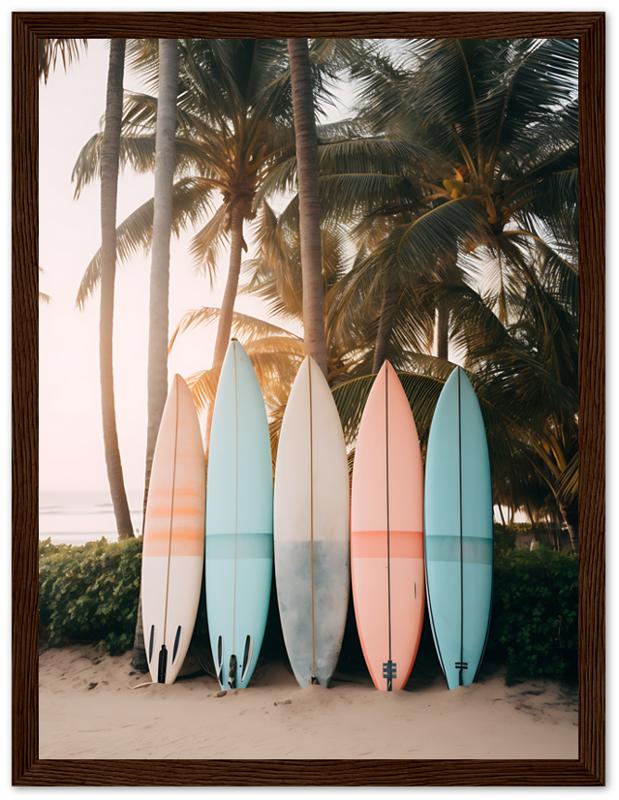 Five surfboards leaning against palm trees on a beach at sunset.