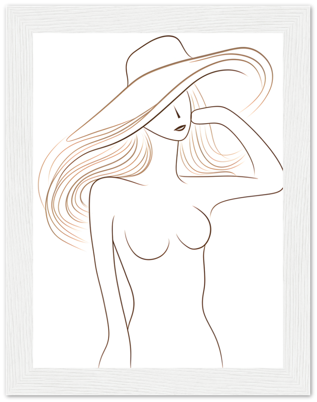 Stylized line art of a woman wearing a hat, framed on a wall.