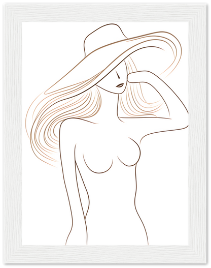 Stylized line art of a woman wearing a hat, framed on a wall.