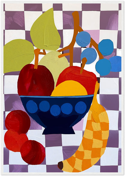 Abstract artwork of a fruit bowl with colorful, stylized shapes.