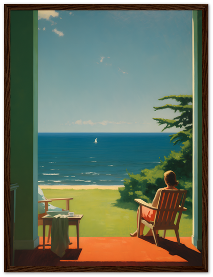 A person sitting on a chair on a porch, overlooking the sea with a sailing boat in the distance.