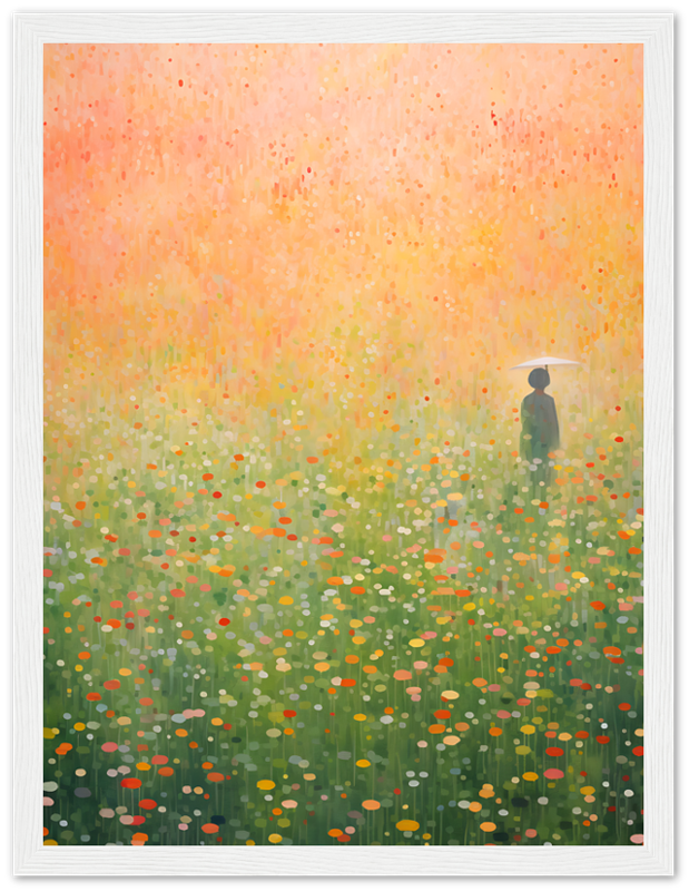 A painting of a person standing in a colorful, flower-filled meadow within a dark frame.