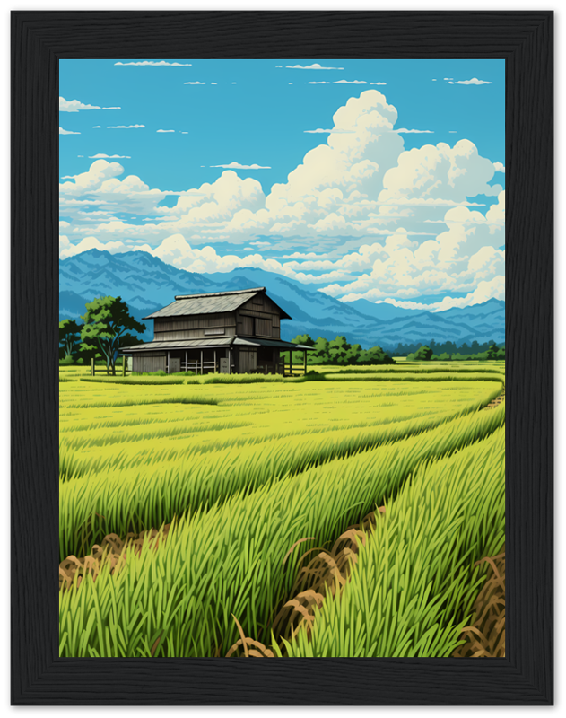 Illustration of a traditional house in a lush green rice field with mountains in the background.