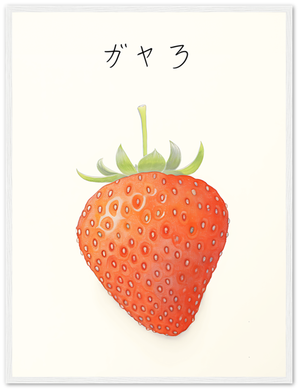 Illustration of a large, vividly red strawberry with Japanese text above.