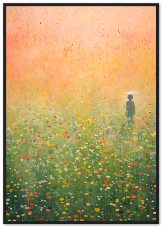 A painting of a person standing in a colorful, flower-filled meadow within a dark frame.