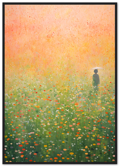 A painting of a person standing in a colorful, flower-filled meadow within a dark frame.