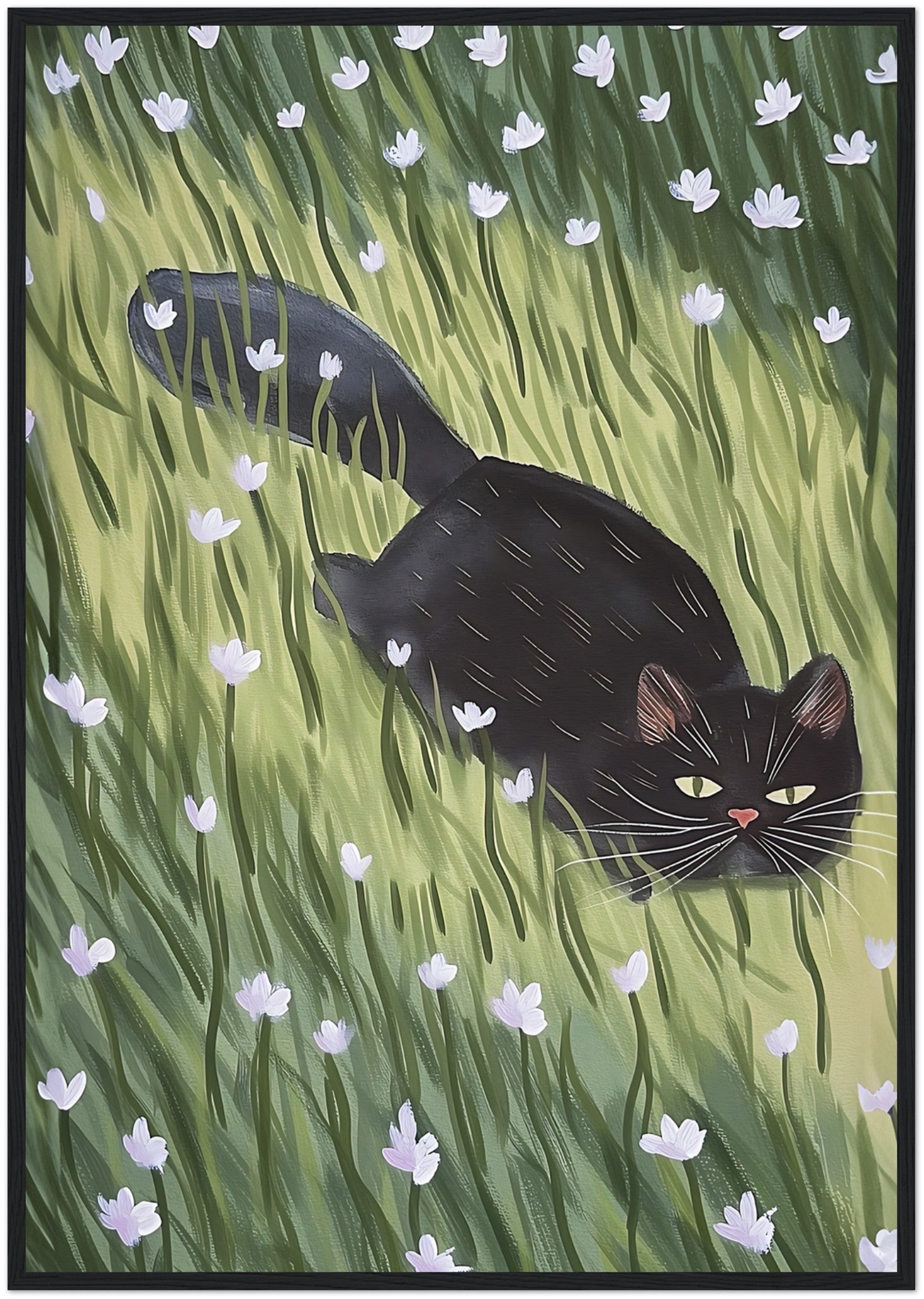 A painting of a black cat walking through a green field with white flowers, framed in wood.