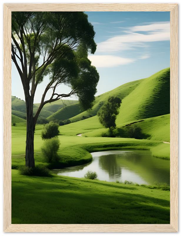A serene landscape with a tree beside a winding river through green hills.