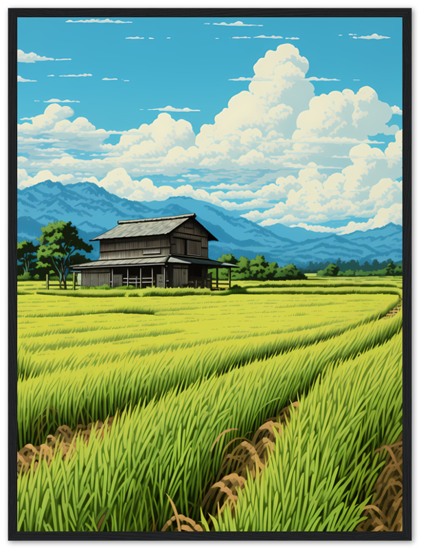 Illustration of a traditional house in a lush green rice field with mountains and blue sky in the background.