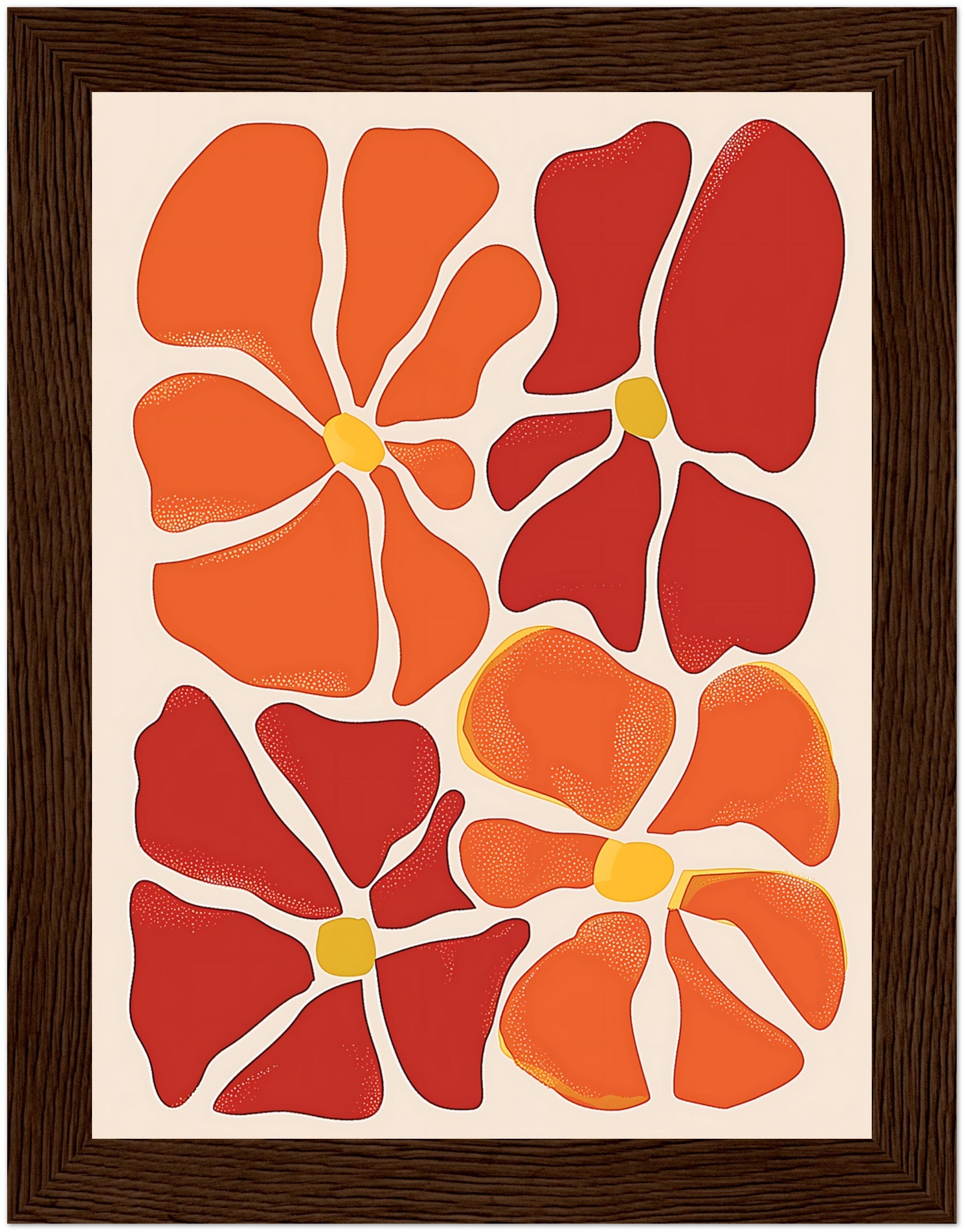 Abstract artwork with a pattern of red and orange flower-like shapes on a light background, framed.