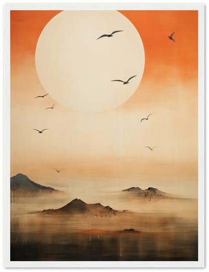 A painting of a misty landscape with mountains, a large sun, and flying birds.