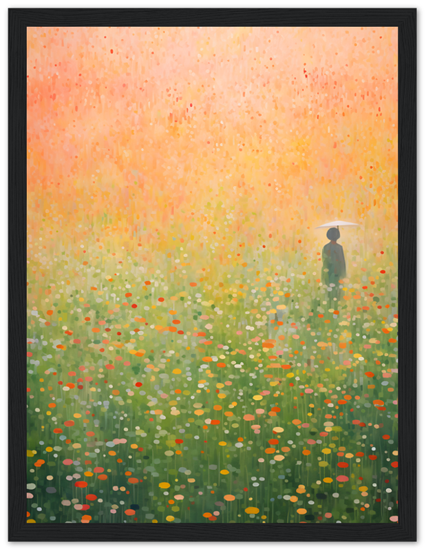 A painting of a person standing in a colorful, flower-filled meadow within a dark frame.