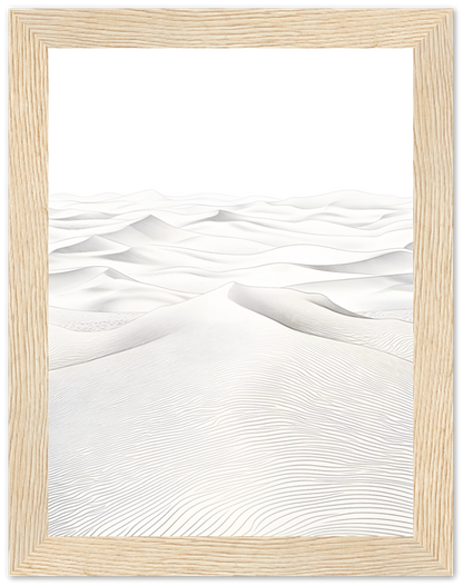 A framed picture of a minimalist desert landscape with sand dune patterns.