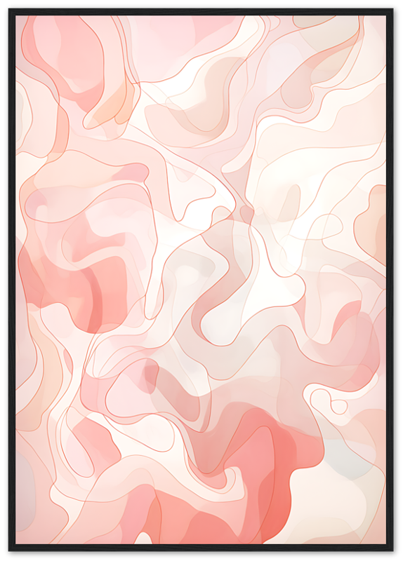 Abstract wavy pattern art in shades of pink and white with a dark frame.