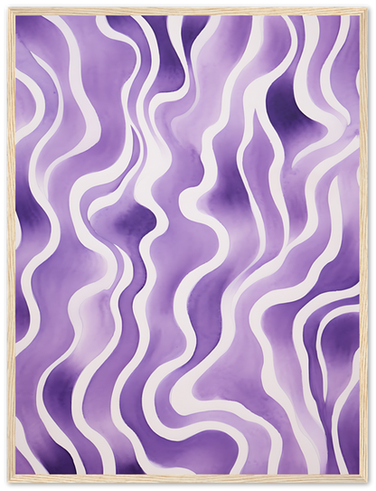An abstract painting with wavy purple lines on a lighter background, framed in wood.