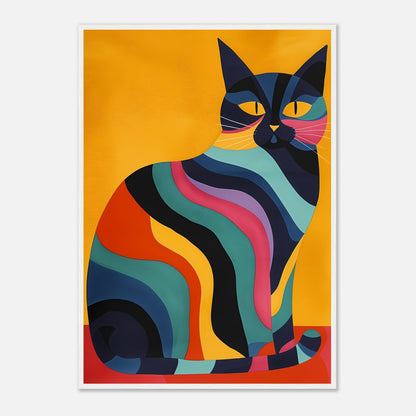 Colorful, abstract art of a striped cat against an orange background, in a wooden frame.