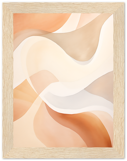 Abstract painting with soft wavy lines in shades of orange and cream, framed in wood.