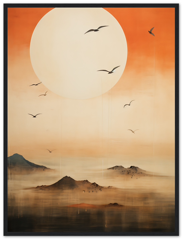 A serene painting of birds flying over misty mountains with a large sun in the background.