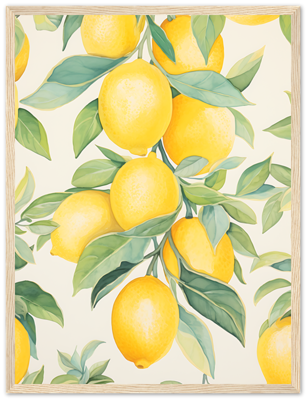 Illustration of vibrant lemons on branches with green leaves framed by a wooden border.