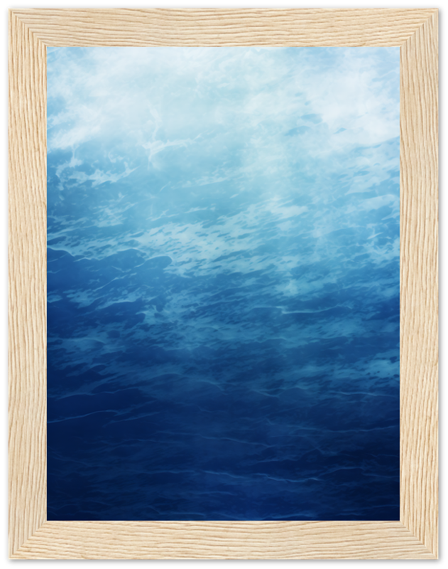 Abstract blue watercolor painting with a light sky, framed in light wood.