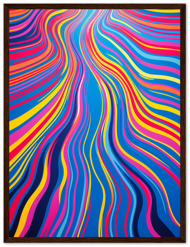 A vibrant painting with wavy multicolored lines creating a psychedelic effect, framed in black.