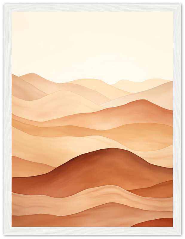 A framed illustration of stylized, wavy desert dunes in warm hues.