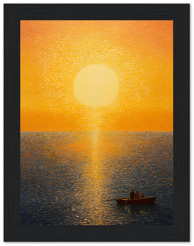 A painting of two people in a boat at sunset with the sun reflecting on the water.