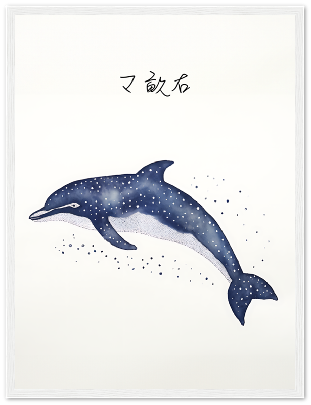 Framed illustration of a blue dolphin with oriental script above it.